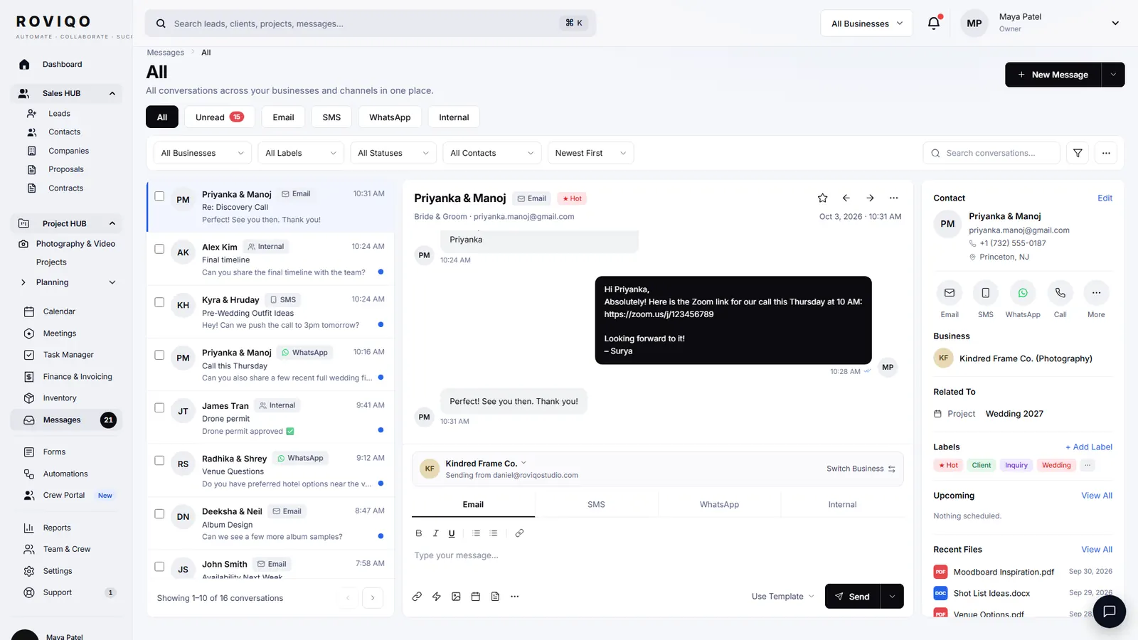 The Messages inbox: conversations, the thread and the client's details