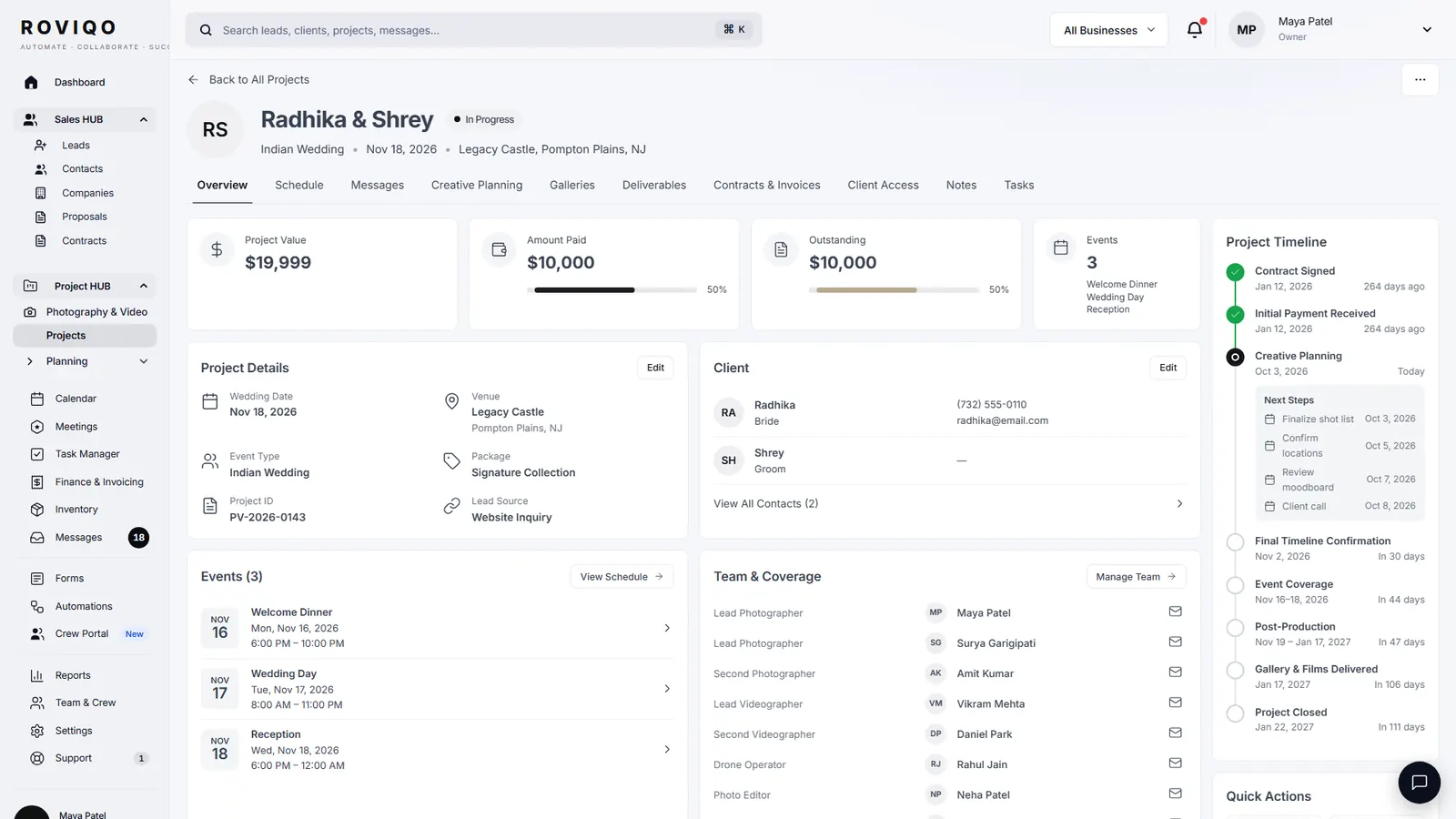 A project page: overview, schedule, client, team and the project timeline