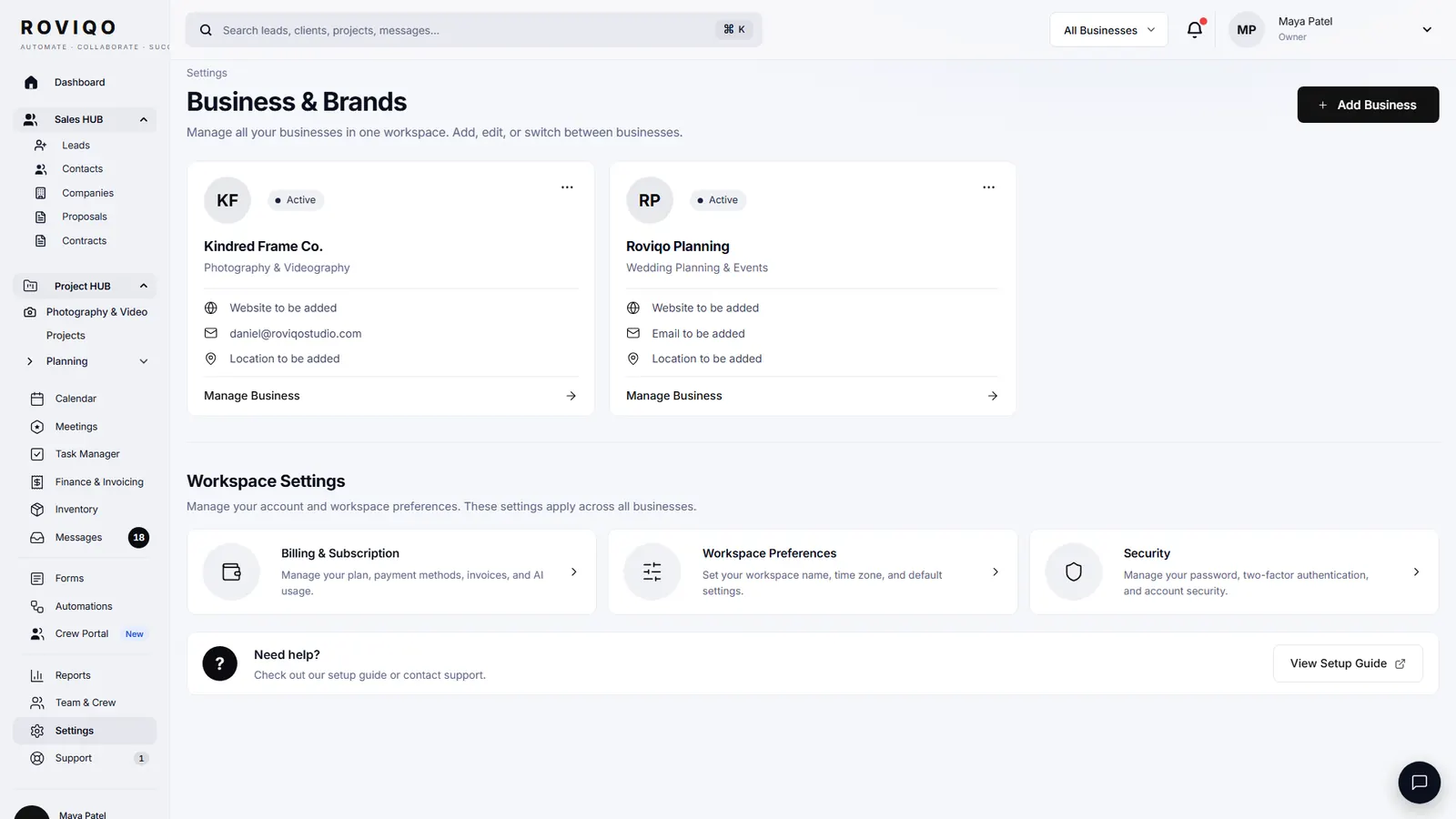 Business & Brands settings